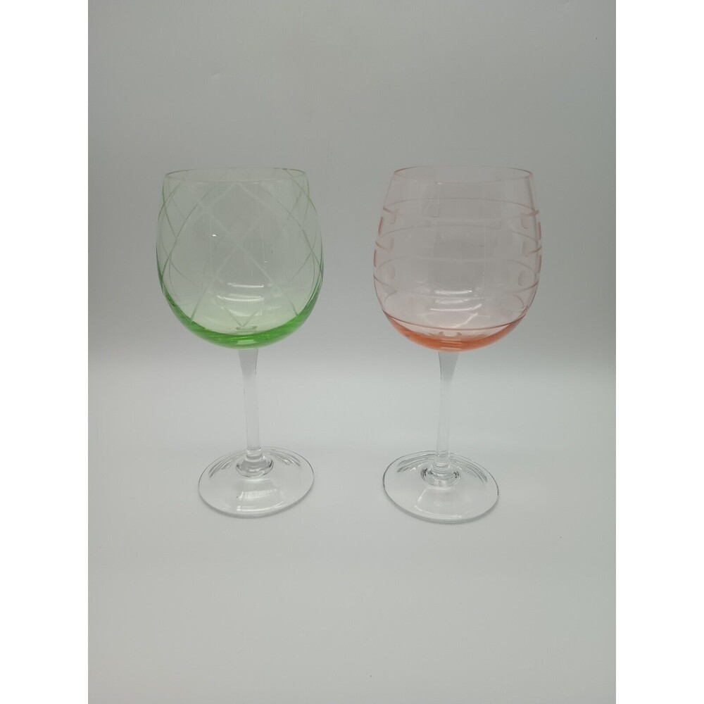 Mikasa Cheers Etched Wine Glasses Set Of 2 Pink Green 8.5" Balloon Red
